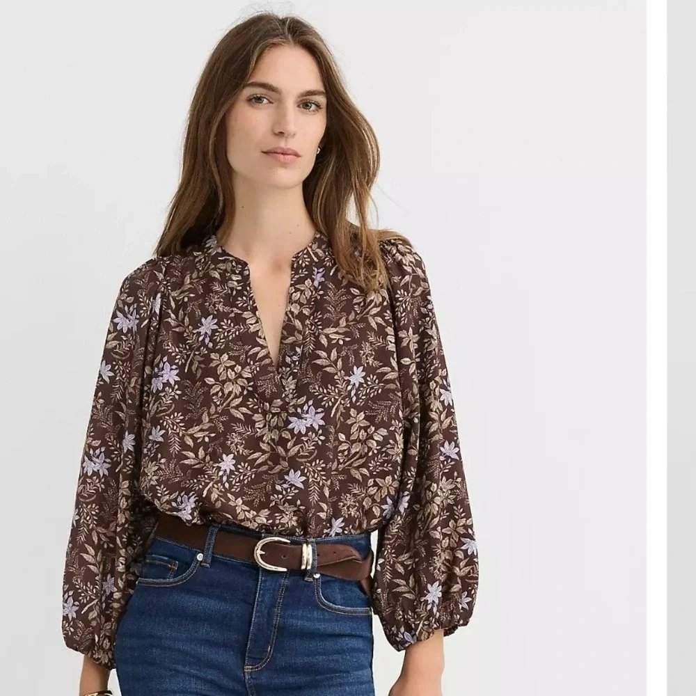 LOFT Brown Floral V-Neck Puff Sleeve Blouse Lavender Tan Print S 771323